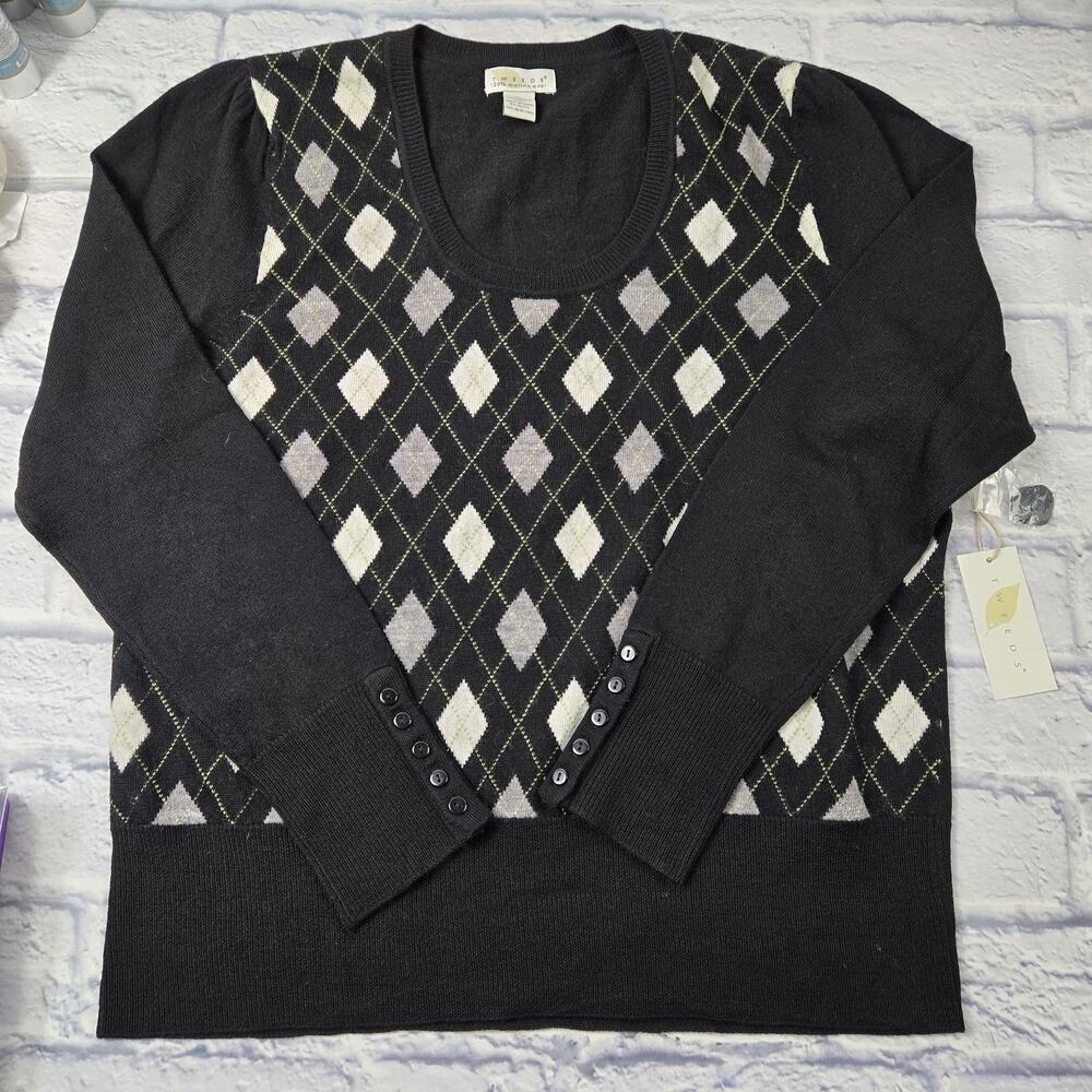 NWT Women's Tweeds Merino Wool Argyle Black Sweater Acadamia Button Accent sz XL